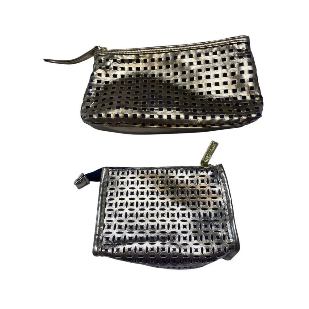 Estée Lauder Womens Beauty Cosmetic Makeup Travel Bag Gold Metallic Lot Of 2